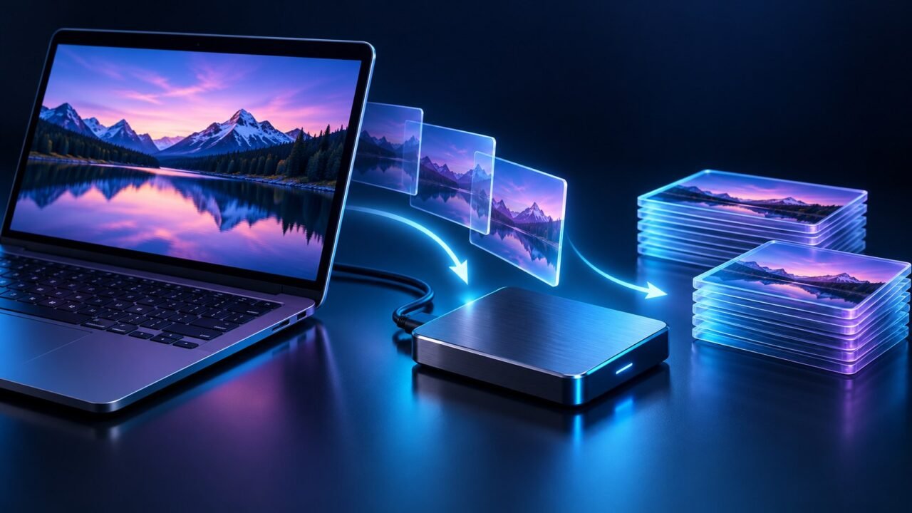 Notebook, unidade externa e cópias de fotografias.