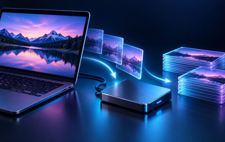 Notebook, unidade externa e cópias de fotografias.