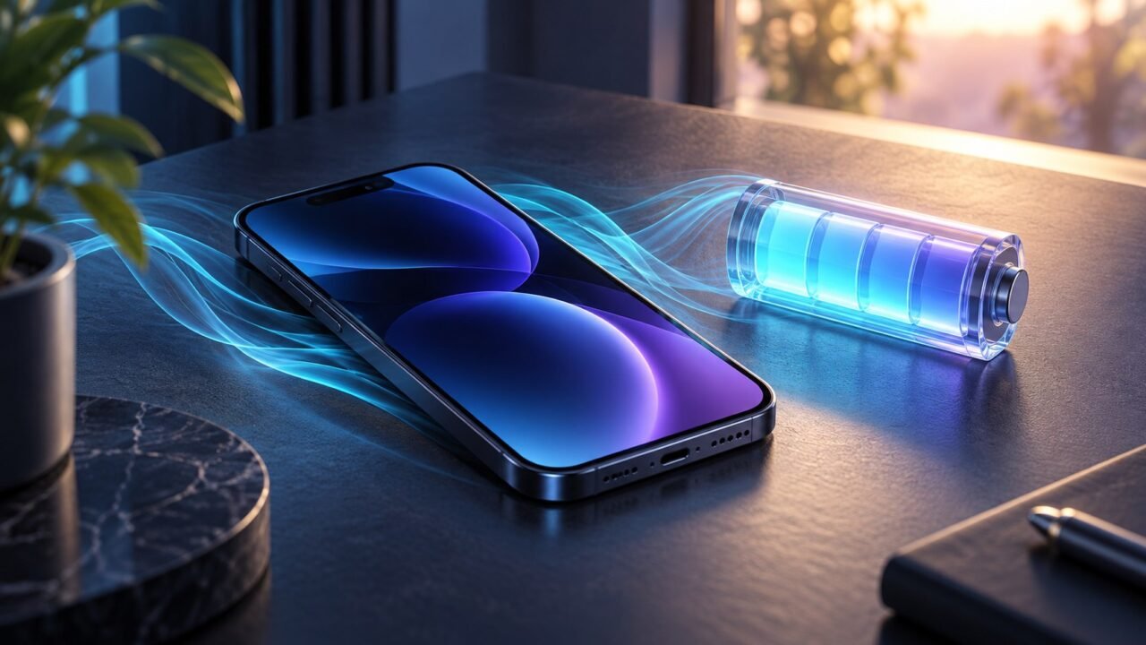 Celular em ambiente sombreado com representação de bateria.