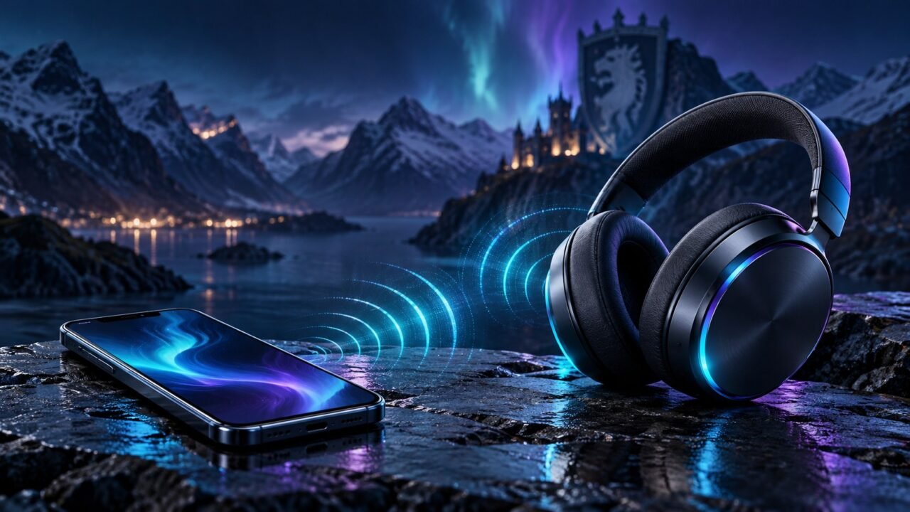 Fones e celular com ondas sem fio e referência visual medieval ao fundo.
