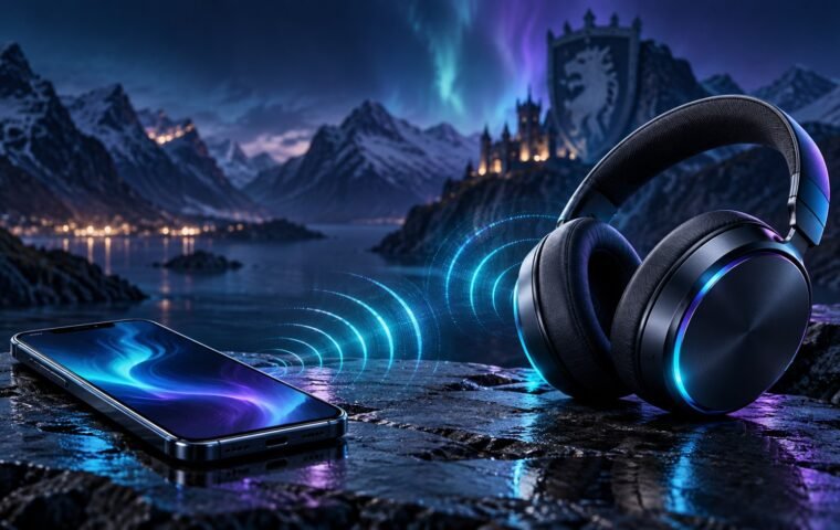 Fones e celular com ondas sem fio e referência visual medieval ao fundo.