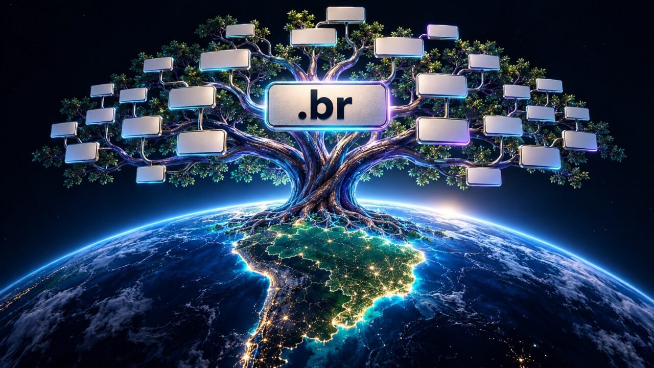Esfera de rede e placas representando a hierarquia de domínios.