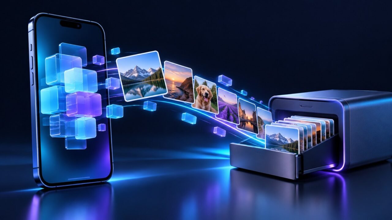 Celular e fotografias organizadas em um arquivo externo.