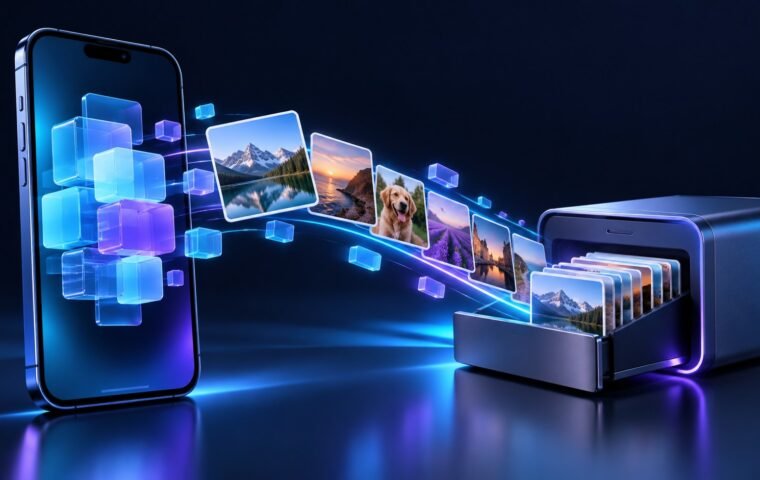 Celular e fotografias organizadas em um arquivo externo.