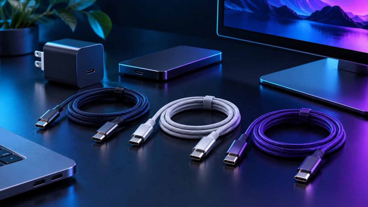 Cabos com conectores USB-C sobre uma superfície escura.