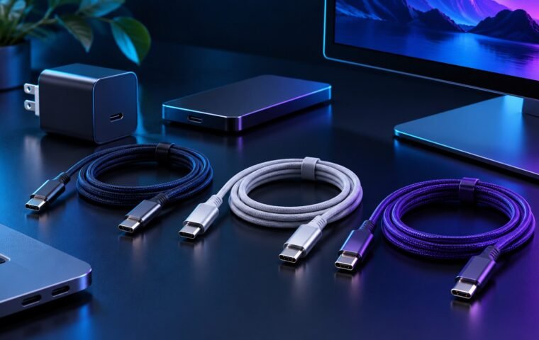 Cabos com conectores USB-C sobre uma superfície escura.